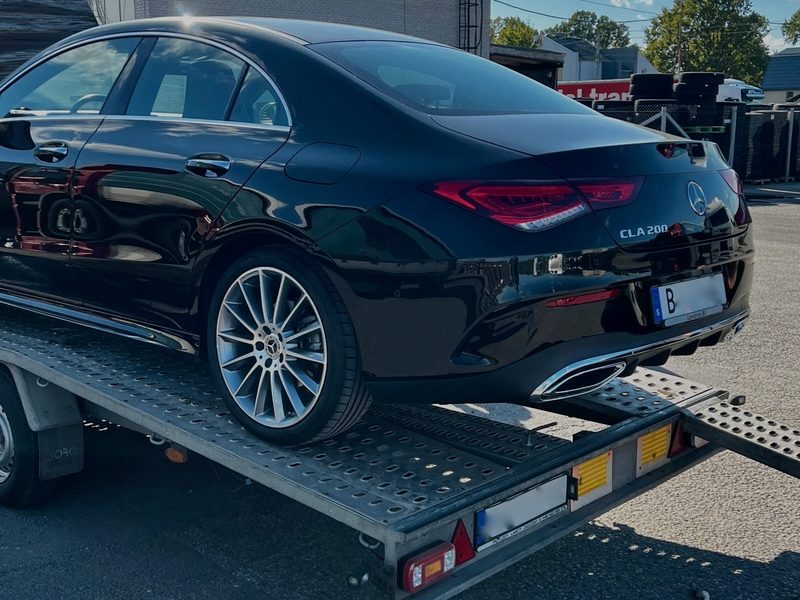 Recovered Mercedes-Benz CLA secured on a recovery flatbed